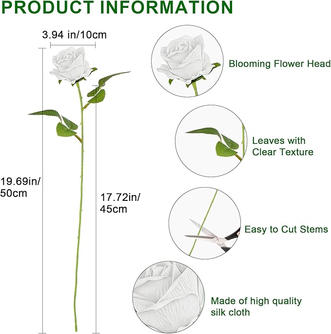 Artificial Flowers Roses Touch Fake Rose Bouquet Flower Stem for Wedding Centerpieces DIY Wreath Home Decorations Silk Roses Mothers Party Fake Outdoor Flowers Decor 19.6"(50PCS White)