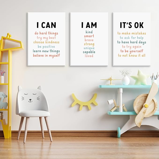 Kids Affirmation Wall Art Positive Canvas Wall Decor Inspirational Quotes Wall Art Motivational Words Pictures Daily Affirmations Poster Nursery Prints for Playroom Children Room 12x16x3 Inch Framed