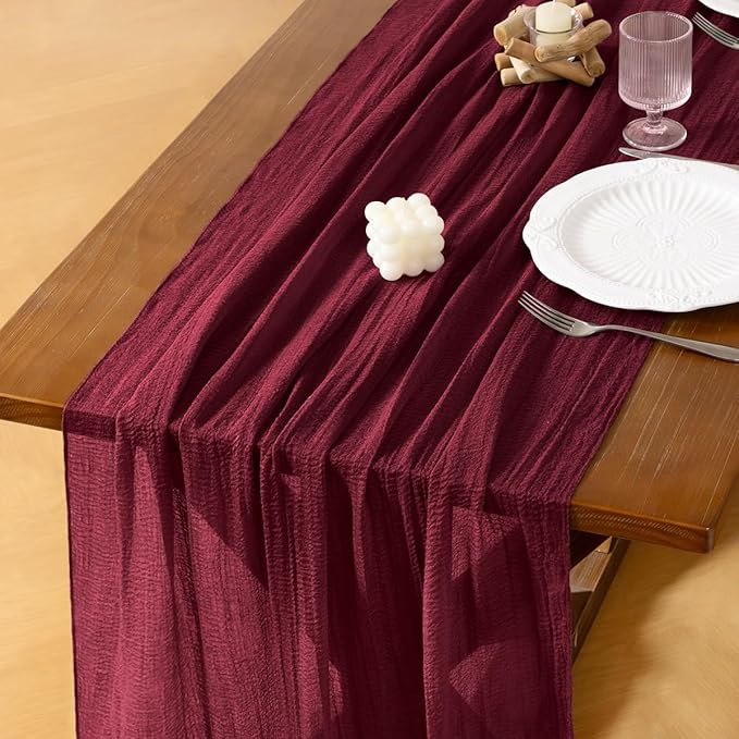 Socomi 3pcs Burgundy Gauze Cheesecloth Table Runner 120 Inch Rustic Boho Cheese Cloth Runner for Wedding Party Baby Bridal Shower Centerpiece Decoration Holiday Home Decorations