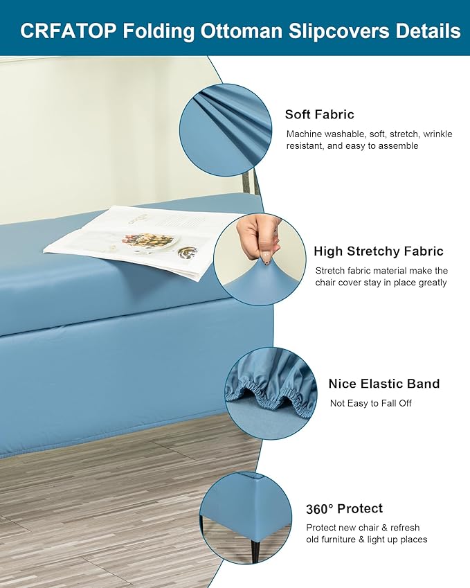 CRFATOP Waterproof PU Ottoman Stool Cover Stretch Folding Storage Footstool Bench Slipcovers Upholstered Foot Chest Chair Covers Washable Entryway Furniture Protector with Elastic Bands,M,Blue
