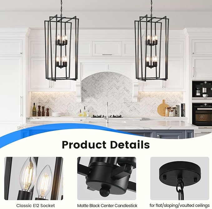 8-Light Tiered Lantern Pendant Light Fixtures,Large Foyer Chandeliers for High Ceilings,Industrial Foyer Lighting Fixtures,Long Chandeliers for High Ceilings,Farmhouse Chandelier for Entryway, Black