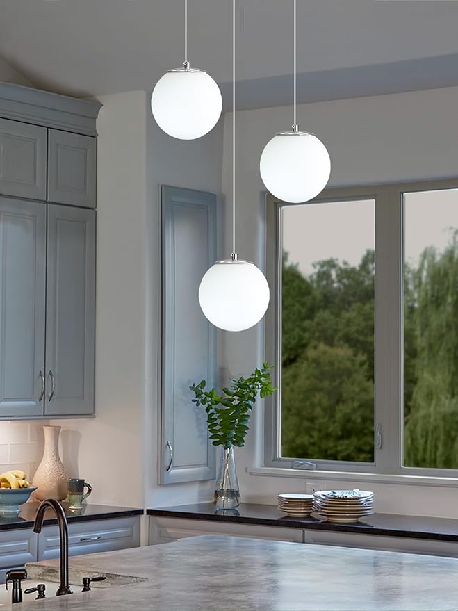 3-Light Globe Pendant Light for Kitchen Island Silver Pendant Light Fixtures with White Glass Globe Hanging Lights for Bedroom,Hallway,Bar