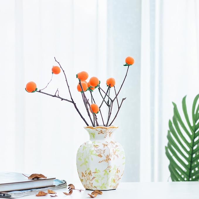 Handmade Chinoiserie Ceramic Vase, Vintage Style Florals in Green Brown & Red with Wavy Orange Rim, Colorful Mantel Accent, Gift Idea (Small, Lvmazhi)