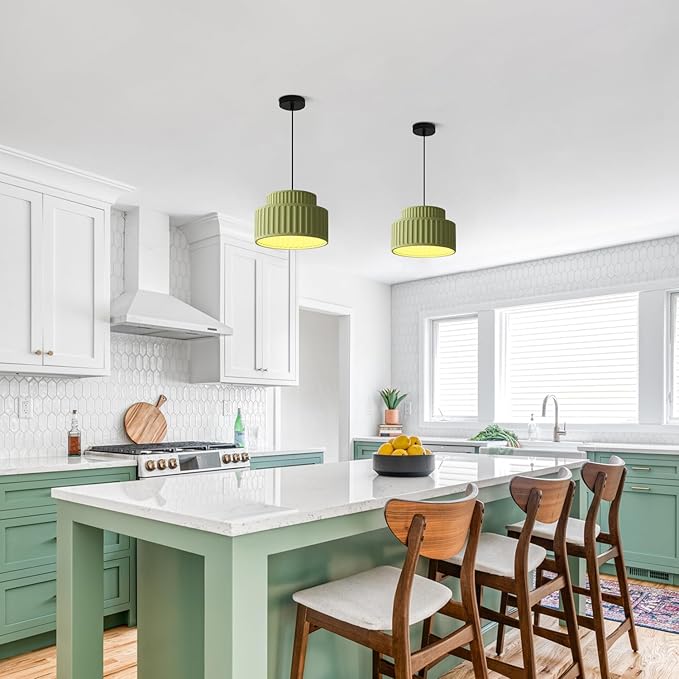 Contemporary Vintage Green Pendant Light Fixture One Light Industrial Kitchen Pendant Lighting Over Island Modern Minimalist Hanging Light with Resin Lampshade for Dining Room Bedroom MPL33-G