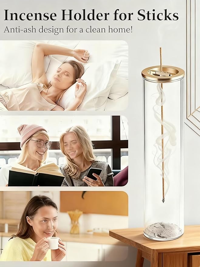 Incense Holder for Sticks [Anti-Ash Flying], Modern Insence-Stick Burner Holder with Removable Glass Ash Catcher, for Home Decor Yoga Meditation