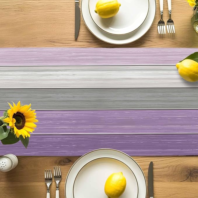 Farmhouse Cotton Linen Table Runner Dresser Scarf Retro Rustic Barn Wood Texture Ombre Lavender Purple Gray Non-Slip Rectangle Settings Decoration for Kitchen Home Dining Holiday, 18x72 inch