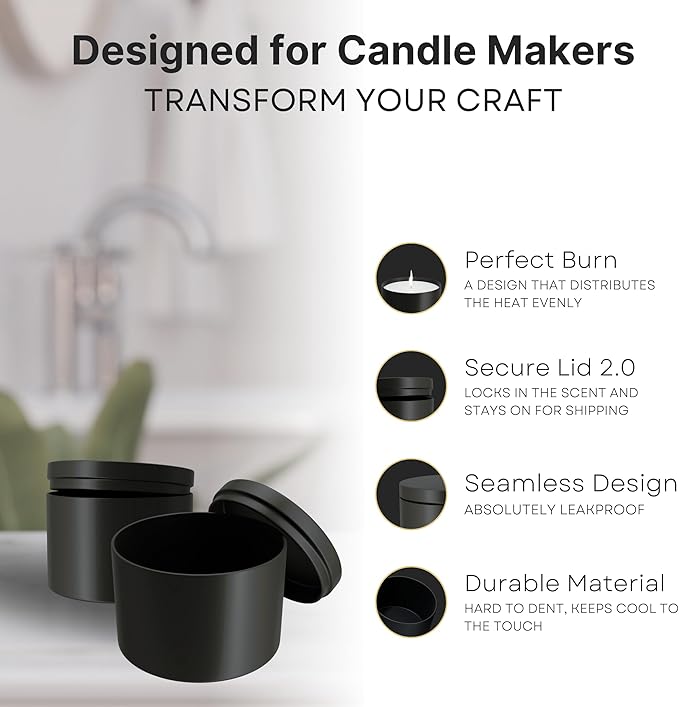 True Candle Tins for Making Candles - 24 Pack of 4 oz Black Candle Containers Bulk - Empty tins with lids for Candles - Premium Metal Jars, DIY Vessels | Painted Outside and Inside | Matte Black