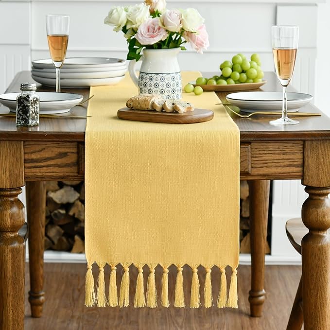 Artoid Mode Yellow Tassel Table Runner, Summer Linen Blend Rustic Farmhouse Style Kitchen Table Decoration Holiday Wedding Party Dinning Decor 13x36 Inch