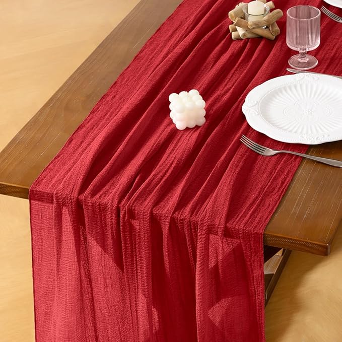 Socomi Red Cheesecloth Table Runner Valentine's Day Gauze 120 Inch Rustic Boho Cheese Cloth Runner for Wedding Party Baby Bridal Shower Centerpiece Decoration Holiday Home Decorations