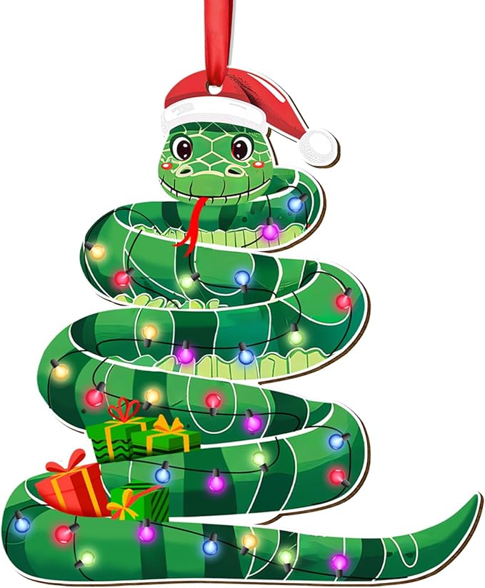 34HD Wooden Snake Christmas Ornament 2025 – Funny Holiday Tree Hanging Decor for Reptile Lovers, Animal Theme Xmas Gift for Kids Adults, Unique Wooden Snake Ornament for Her Him