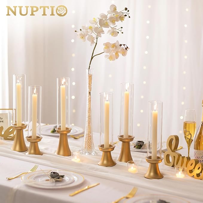 NUPTIO Taper Candle Holders Gold: Set of 2 Candlestick Holder with Hurricane Glass Cover - Tall Metal Candles Stick Stand for Fall Thanksgiving Christmas Seasonal Fireplace Decor