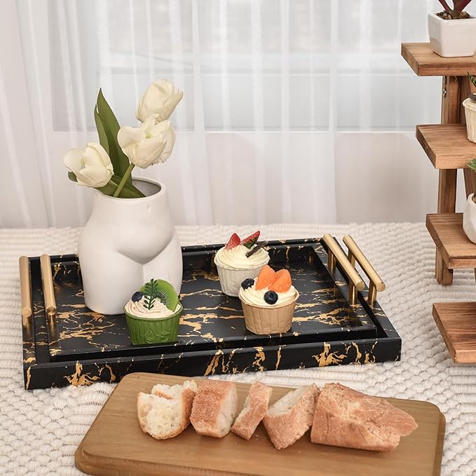 Modern Decorative Tray Set of 2 - Black and Gold Marble Wood Serving Tray with Gold Polished Metal Handles for Ottoman, Coffee Table, and More