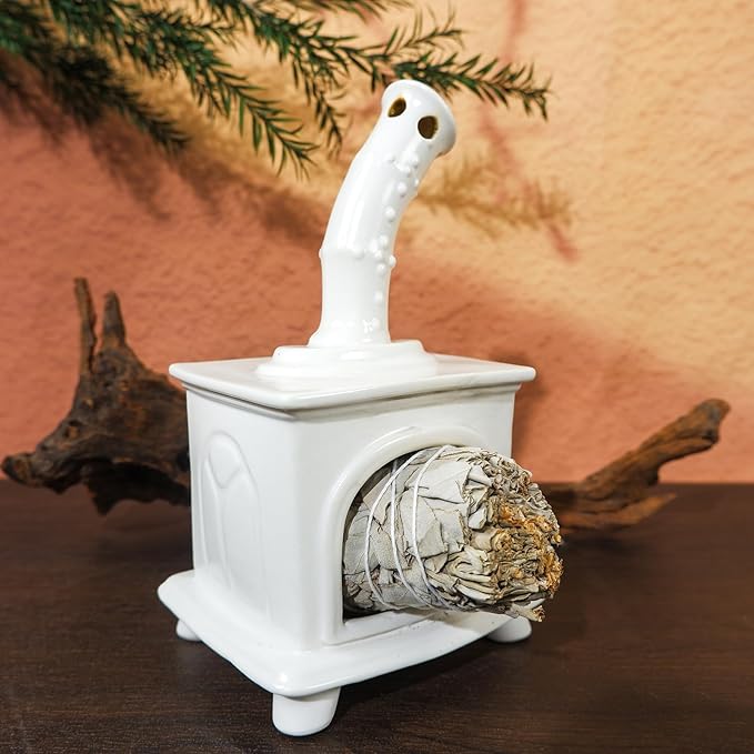 Handmade White Ceramic Fireplace Palo Santo Holder &Sage/Cone Incense Dish for Energy Cleansing Zen Meditation Altar Decor for Yoga Spa | Mindfulness Aromatherapy Gift for Women Anxiety Relief