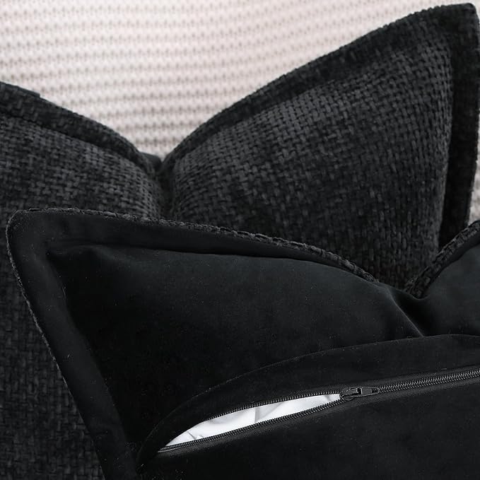 MADIZZ Chenille Velvet Throw Pillow Covers with Flange Set of 2 Super Soft Boho Textured Pillow Covers Decorative Throw Pillowcases Modern Farmhouse Home Decor for Sofa Bedroom Black 18x18 Inch