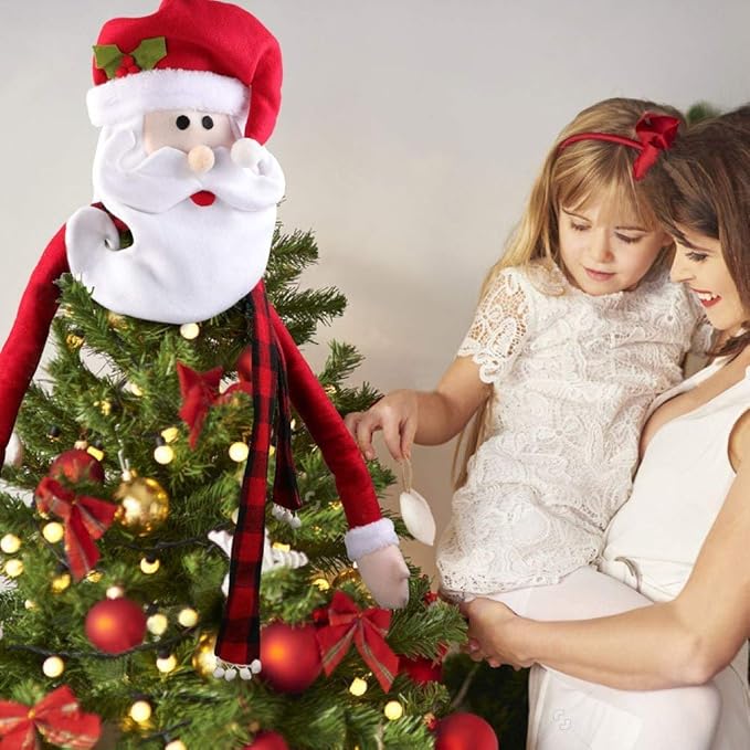 Large Christmas Tree Topper Hat Santa Claus with Buffalo Plaid Scarf for Holiday, Xmas Trees Ornament Christmas Decorations Party Supplies
