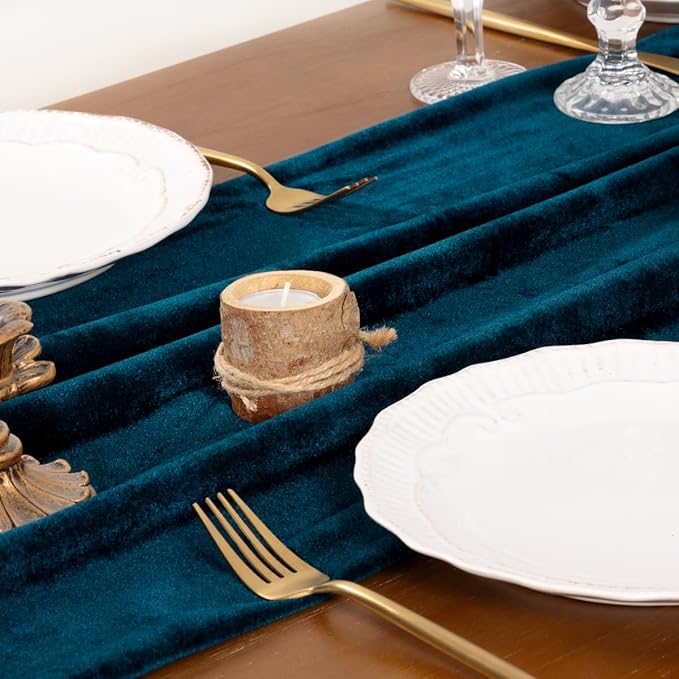 Socomi 4pcs Peacock Velvet Valentine's Day Table Runner Cloth Decor 20 x 120 Inches 10ft Fabric Luxurious Thanksgiving Wedding Runner for New Year Bridal Shower