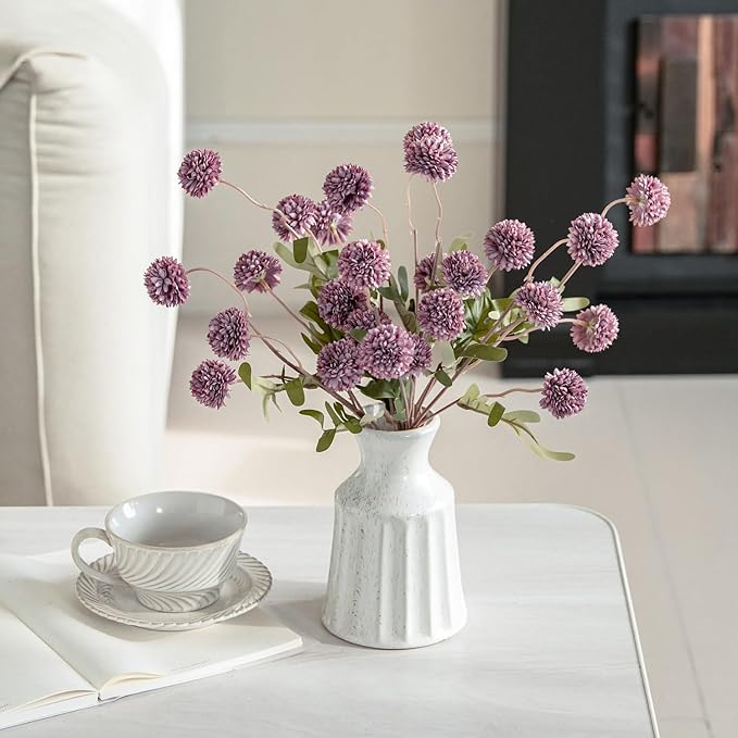 Laelfe Artificial Kiku Flower - 5 Pcs Fake Pompon Mums Silk Small Chrysanthemum Faux Ball Fall Flower Stem Decor for Autumn Wedding Filler DIY Bouquet Centerpieces Arrangements Shower (Grey Purple)