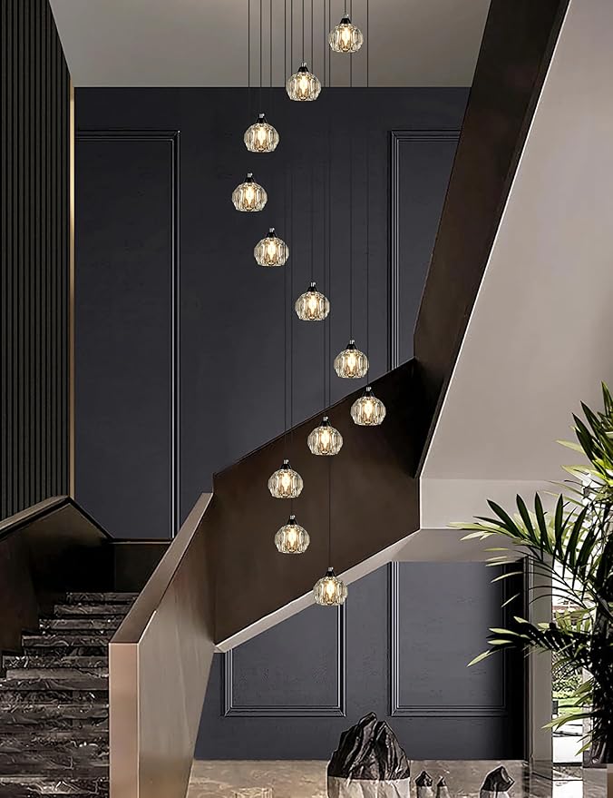 Crystal Chandeliers for Staircases, 12-Light Black Modern Chandeliers for High Ceilings，Crystal Pendant Light Fixture for Living Room Kitchen Island Foyer Hallway Bar