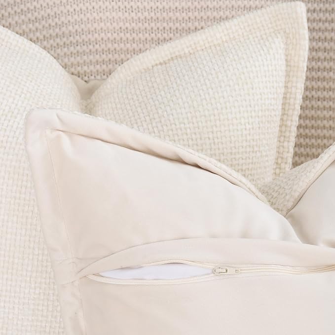 MADIZZ Chenille Velvet Throw Pillow Covers with Flange Set of 2 Super Soft Boho Textured Pillow Covers Decorative Throw Pillowcases Modern Farmhouse Home Decor for Sofa Bedroom Cream 16x16 Inch