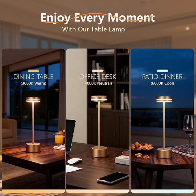 Cordless Table Lamp Rechargeable, Touch Desk Lamp - 5000mAh Battery, 3 Color Dimmable Led Light, Small Portable Aluminum Light for Outdoor/Patio/Dining/Tabletop/Bar/Office, Home Decor