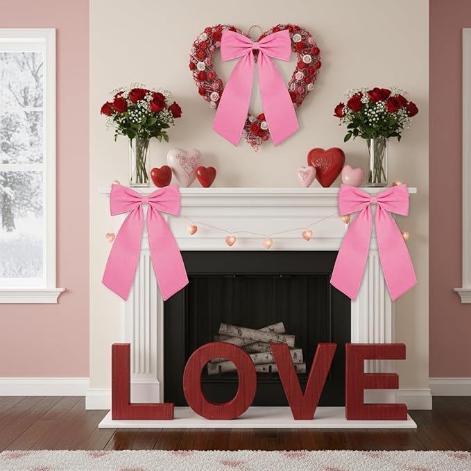 Riceshoot 2 Pcs 10 x 16 Inch Large Bows Valentine's Day Tree Decorations Velvet Ribbon Tree Topper Velvet Wreath Bows with Wired Edge for Valentines Home Fireplace Indoor Outdoor Decor (Pink)