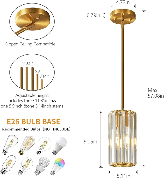 Gold Pendant Lighting Modern Pendant Light Mini Crystal Chandeliers Adjustable Pendant Light Fixture for Kitchen Island Dinning Room Corridor Bedroom(Gold 3-Pack)
