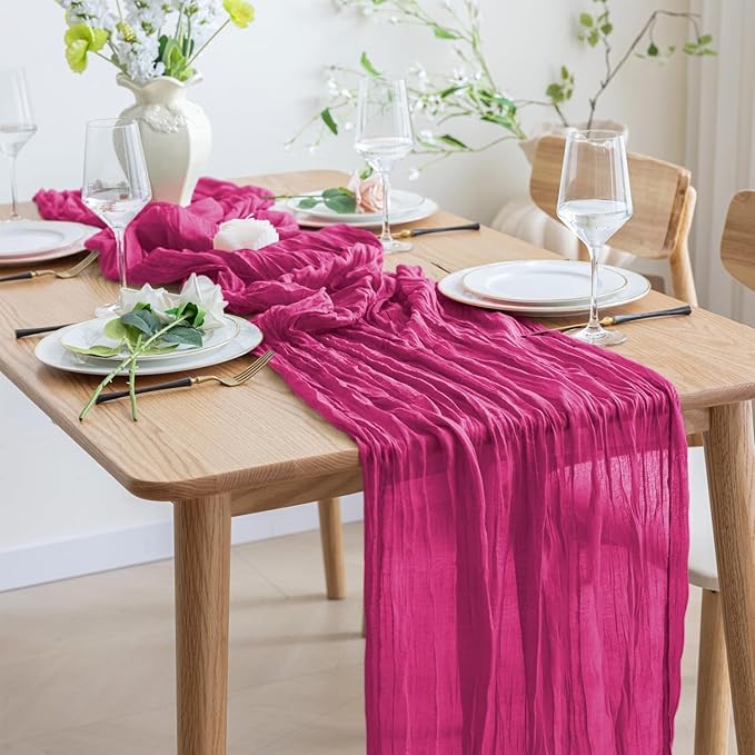 Asee'm 6pcs Cheesecloth Table Runner 120 Inches Long Fuchsia Boho Gauze Cheese Cloth Runner 10FT Rustic Sheer Table Runners for Christmas Wedding Party Baby Shower Spring Easter Decoration