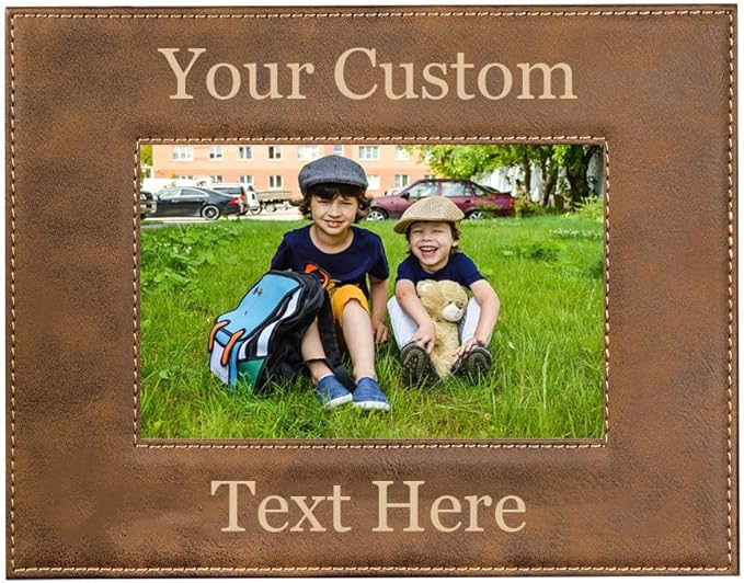CustomGiftsNow Personalized Add Your Custom Text Engraved Leatherette Faux Leather Hanging/Tabletop Personalized Group Family Photo Picture Frame (Rustic, 4x6-inch Horizontal)