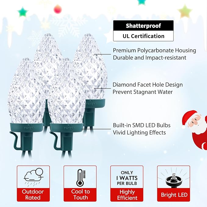 Brightown C9 Christmas String Lights White, 66ft 100 LED Faceted Christmas Lights on Green Wire, Plug-in Large Bulb Strawberry String Lights for House Roof Roofline Christmas Tree Party Outdoor
