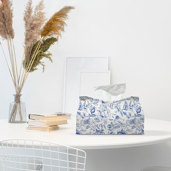 Blue Chinoiserie Tissue Box Cover Rectangle,Blue and White Floral Toilet Paper Box Holder,PU Leather Decorative Facial Paper Case for Living Room Bathroom Kitchen Office Desk,9.8x5.9x5.9In