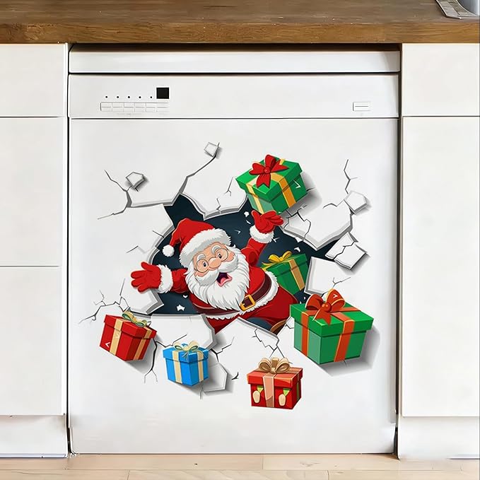Santa Wall Decal for Christmas | Peel and Stick Holiday Decoration with Crack Effect & Gift Boxes – Removable Vinyl Sticker for Walls, Windows, Office, Party or Storefront Display