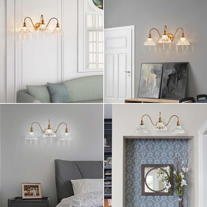 Vintage 3-Light Wall Sconces Modern Brass Bathroom Vanity Lighting Fixtures Glass Retro Vanity Light for Bedroom, Bathroom, Doorway, Foyer, Hallway Light
