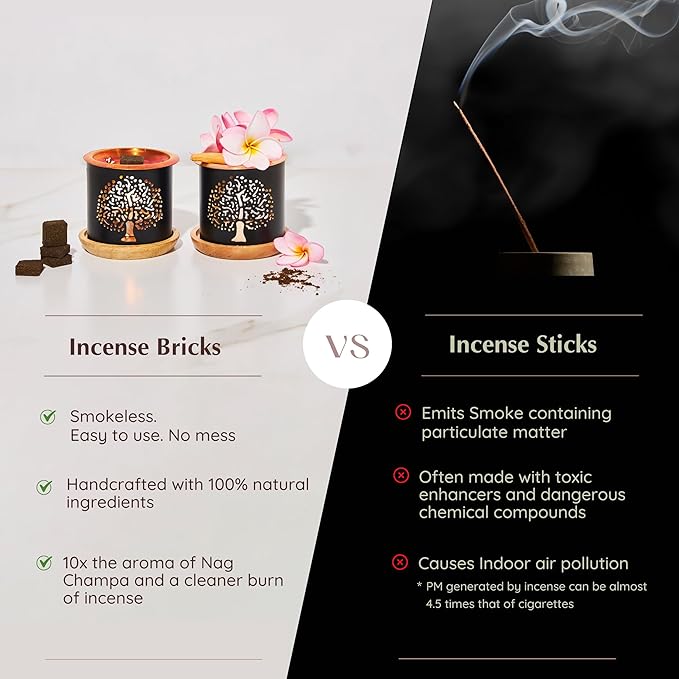 Nag Champa Incense Bricks (2 x 9 Bricks) & Tree of Life Exotic Incense Burner by Aromafume | Made with Sandalwood, Jasmine, Ylang Ylang & Champa Flower | Natural, Smokeless, Non Toxic Bricks