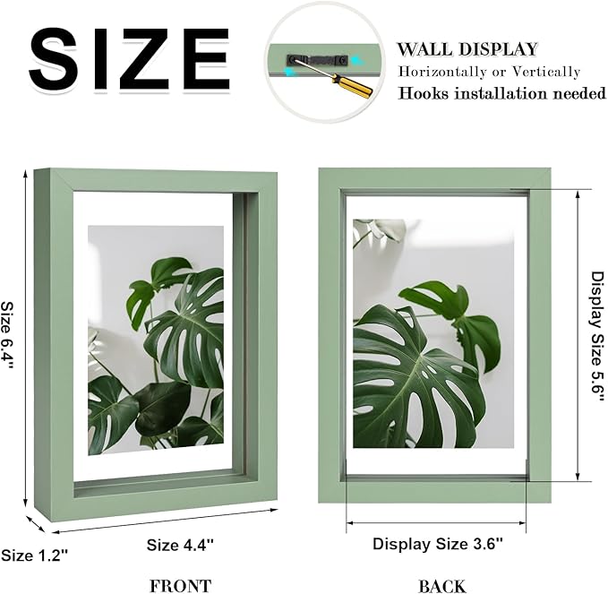 Egofine 4x6 Floating Frames Set of 2, Double Plexiglass Picture Frame, Made of Solid Wood Display Any Size Photo up to 4x6, Wall Mount or Tabletop Standing, Green