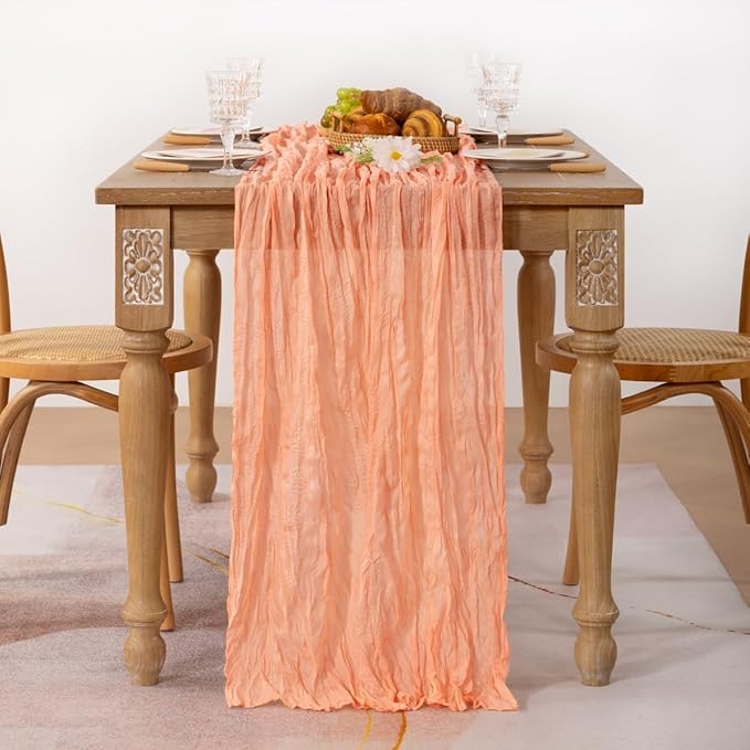 MLMC Peach Pink Cheesecloth Valentines Table Runner 10ft Sheer Gauze Coral Cheese Cloth Table Runner Spring Dinning Decoration 35x120 Inches for Easter Wedding Bridal Baby Shower Party Decor