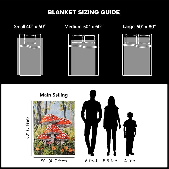 Vibrant Mushroom Blanket, Cozy Plush Throw Blanket for Couch Bedroom Outdoor, Lightweight Soft Flannel Travel Blankets, Gifts for Women Adults Kids, Warm Decor 40"×50"