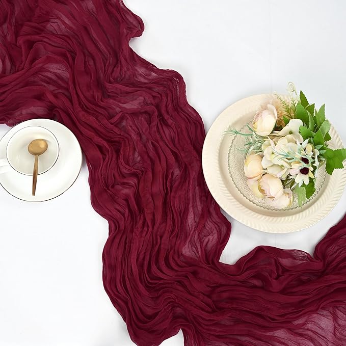 25 Pack Burgundy Cheesecloth Table Runner 17 x 108 Inch Fall Thanksgiving Boho Rustic Farmhouse Gauze Cheese Cloth Runner for Wedding Party Baby Shower Home Decor Holiday Decorations