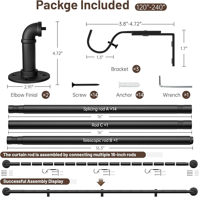 Zeerobee Curtain Rods for Windows 120 to 240, 1 Inch Industrial Wrap Around Black Curtain Rod, Indoor/Outdoor Room Divider Adjustable Drapery Pole, 120"-240"