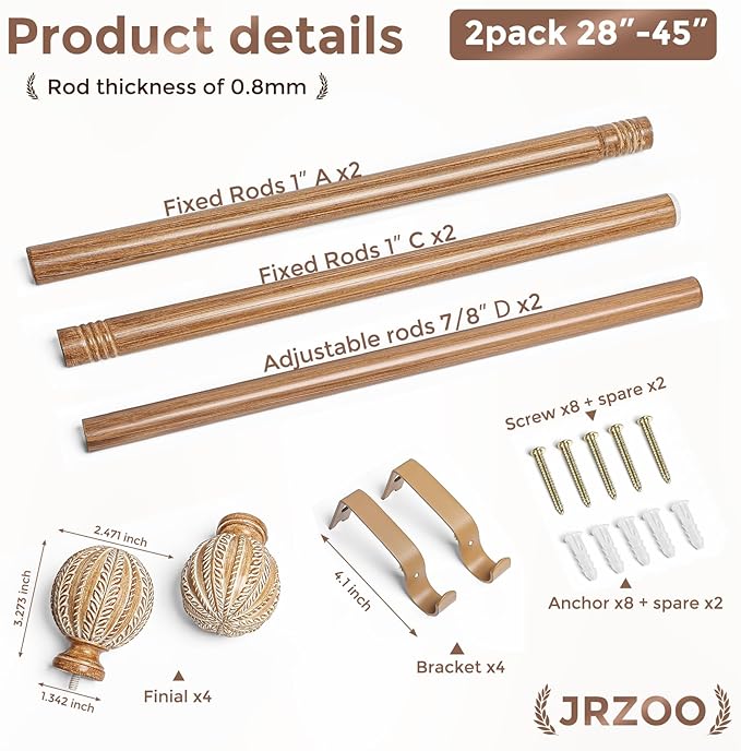 2 Pack Wood Curtain Rod for Windows 28 to 48 Inch, 1'' Diameter Adjustable Heavy Duty Rustic Farmhouse Drapery Rods with Boho Imitation Wooden Grain Decorative Finials, Size: 28''-45'' – Light Wood