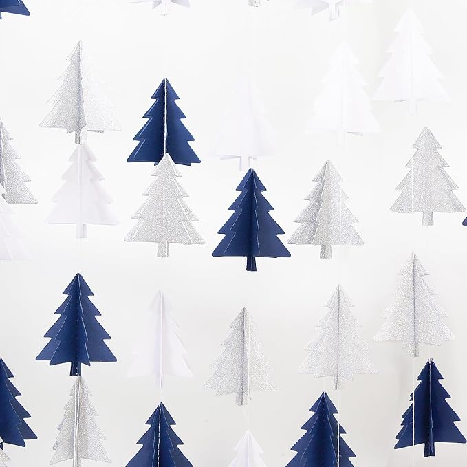Navy-Blue White Silver Christmas Decorations - 2Pcs 3D Christmas Tree Paper Streamers Party Banner Garland Hanging Decor HongTongTong