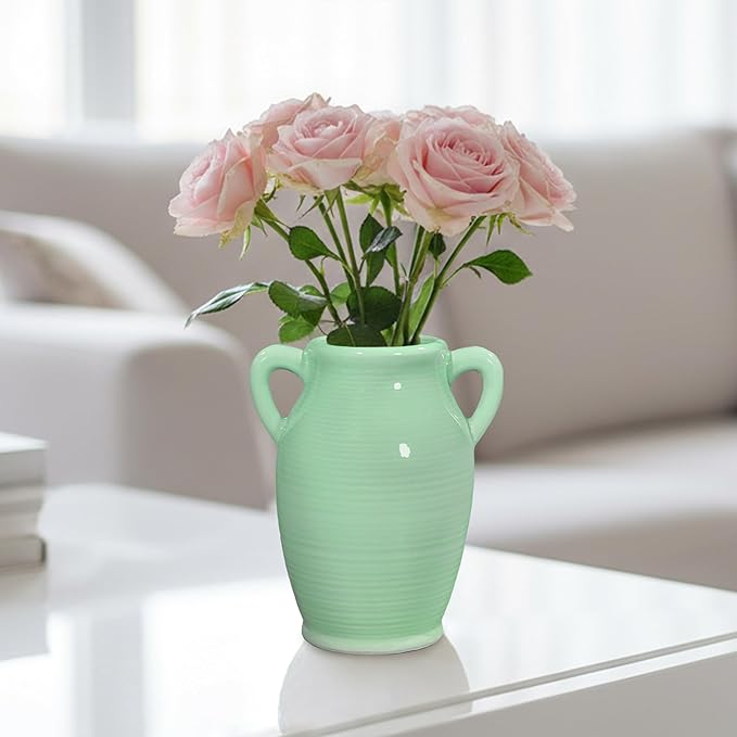 Sunddo Green Ceramic Flower Vase for Home Decor - 8 Inch Modern Decorative Vase with 2 Handles, Centerpieces, Kitchen, Dining Table, Bathroom, Shelf and Living Room