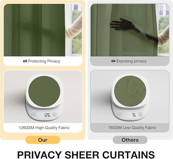 Anmao Non-See-Through Olive Green Privacy Semi Sheer Curtains for Living Room 63 Inch Length 2 Panels Set, Light Filtering That Let Light in Rod Pocket Window Drapes for Bedroom, 52W x 63L, Dark Green