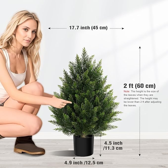 Outdoor Artificial Cedar Topiary Tree, Faux Evergreen Shrubs for Front Porch Decor, Lifelike Fake Bushes Plants for Home Living Room Front Door Decor (1, 2ft)