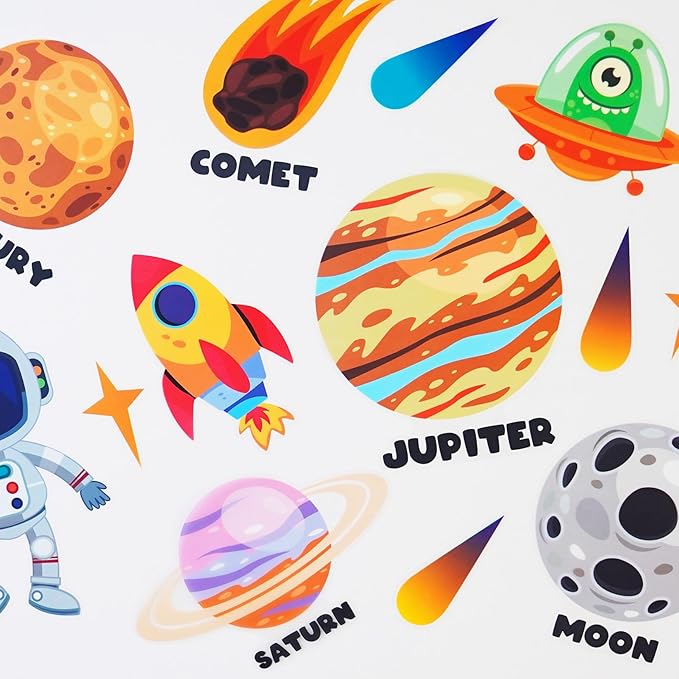 Outer Space Wall Decals 4 Sheets 58 Pcs Planets, Rocket & Astronaut Wall Stickers Removable Nursery Decor for Kids Bedroom, Playroom, Classroom Peel & Stick Space Theme Decals for Boys Girls