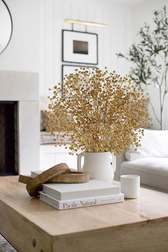 DILATATA 10 Pack Gold Baby's Breath Artificial Flowers Bulk 3 Branches Faux Baby Breath Plastic Flowers Fake Gypsophila Flower Arrangement Fake Flowers Bouquet for Wedding Home Decor