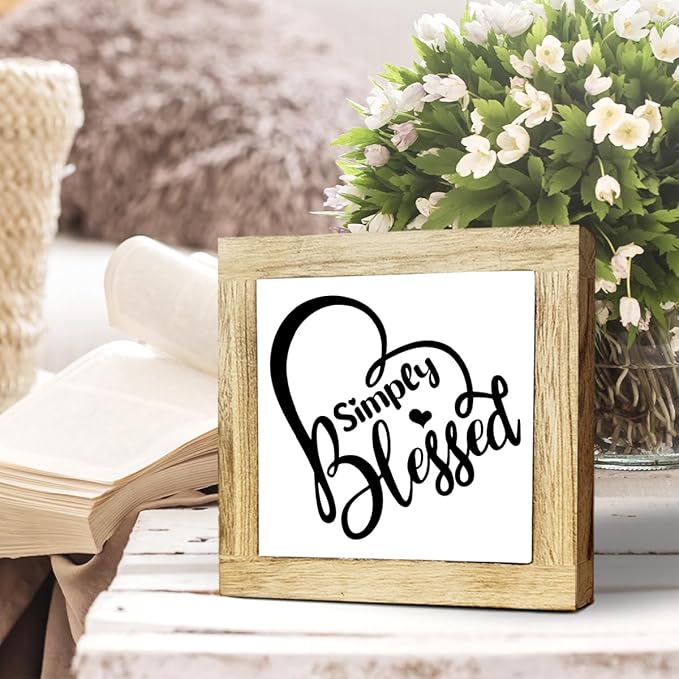 JXZOLQ Simply Blessed Sign, Blessed Signs for Home Decor, Rustic Thanksgiving, Box Wood Plaques Desk Decoration, Funny Home Decor, Housewarming Gift