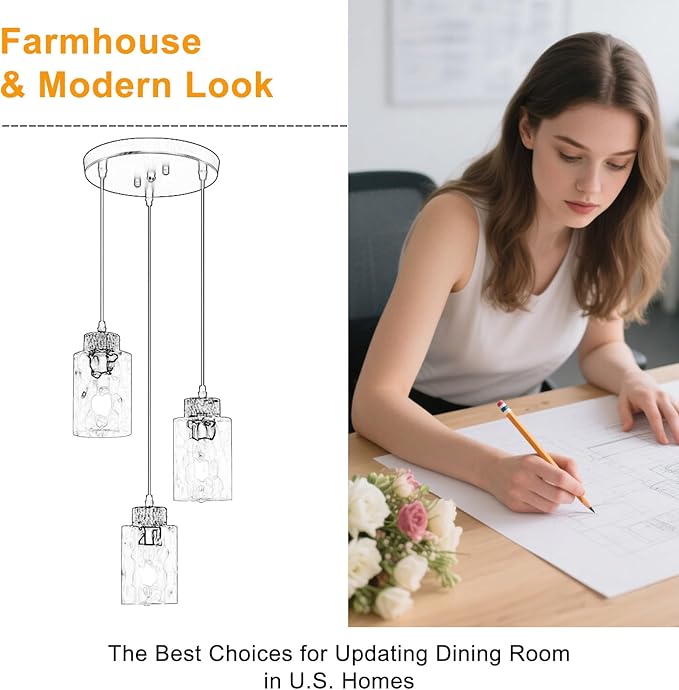 Modern Pendant Lights Kitchen Island,No Assembly Required Black Farmhouse Kitchen Island Lighting+Clear Hammered Glass Shade,Industrial Hanging Pendant Lights Fixture for Kitchen Island Dining Room