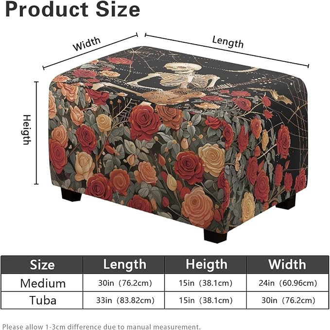 Soft Stretch Ottoman Slipcover Flower Skull Washable Rectangle Footrest Stool Cover Anti Scratch Furniture Protector with Elastic Bottom for Halloween Footstools Decor Size L
