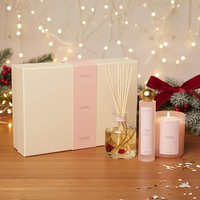 Benevolence LA Beach Rose Gift Box | Candle, Room Spray & Reed Diffuser | Rose & Sandalwood | Elegant Home Fragrance | Ready for Gifting Set | Thanksgiving Gifts for Women