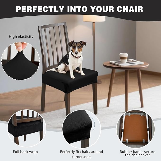 Dining Chair Seat Covers, Stretch Velvet Chair Seat Slipcovers Protector, Removable Washable Kitchen Chair Covers for Dining Room Chairs (Set of 2, Black)